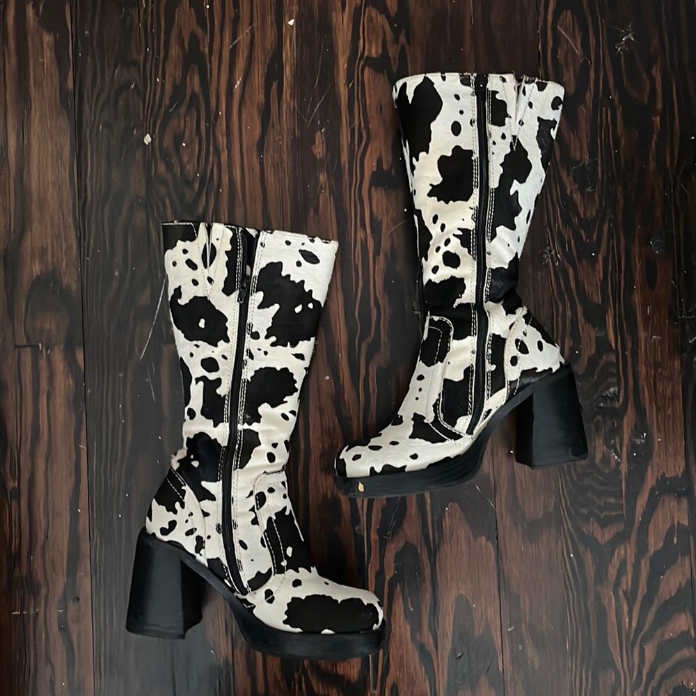 Jeffrey Campbell cow print platform boots